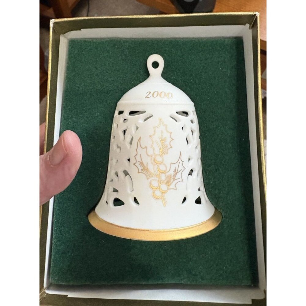 Wedgwood 2000 Christmas Bell Ornament White Gold Holly Decoration Pierced